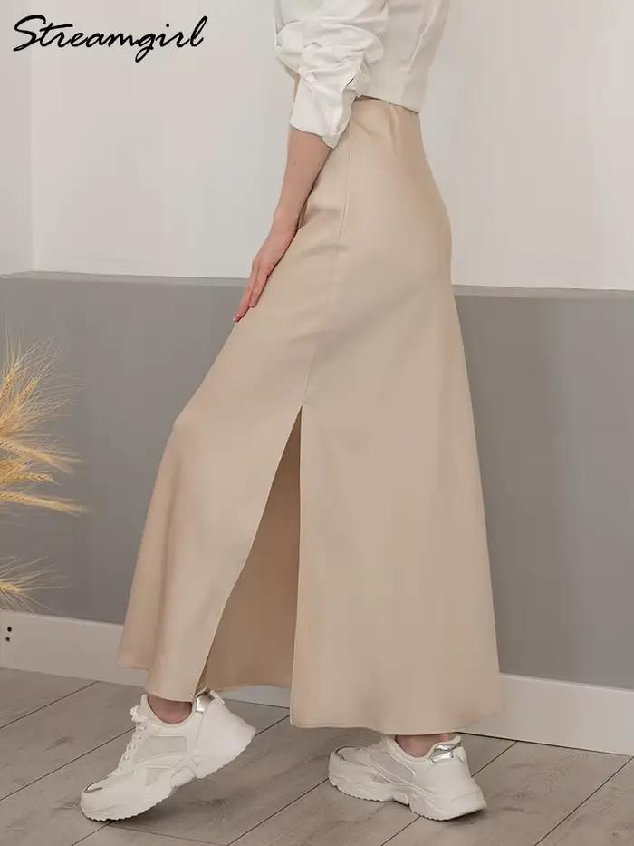 Femmes été Beige jupes longues tendances 2025 taille haute Maxi jupe d'été rayonne soie crayon côté fente Satin