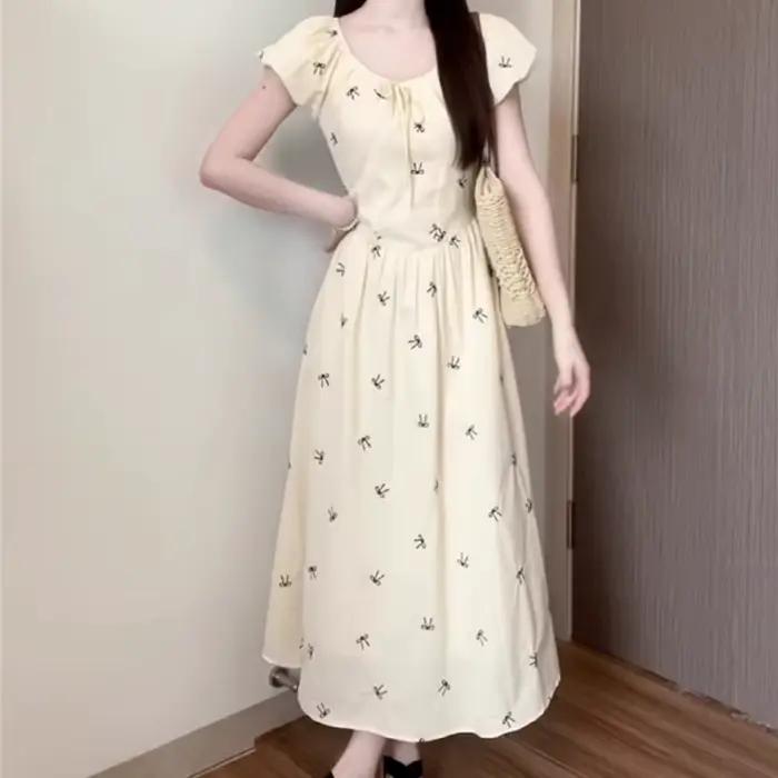 Robe longue imprimée nœud français pour femme