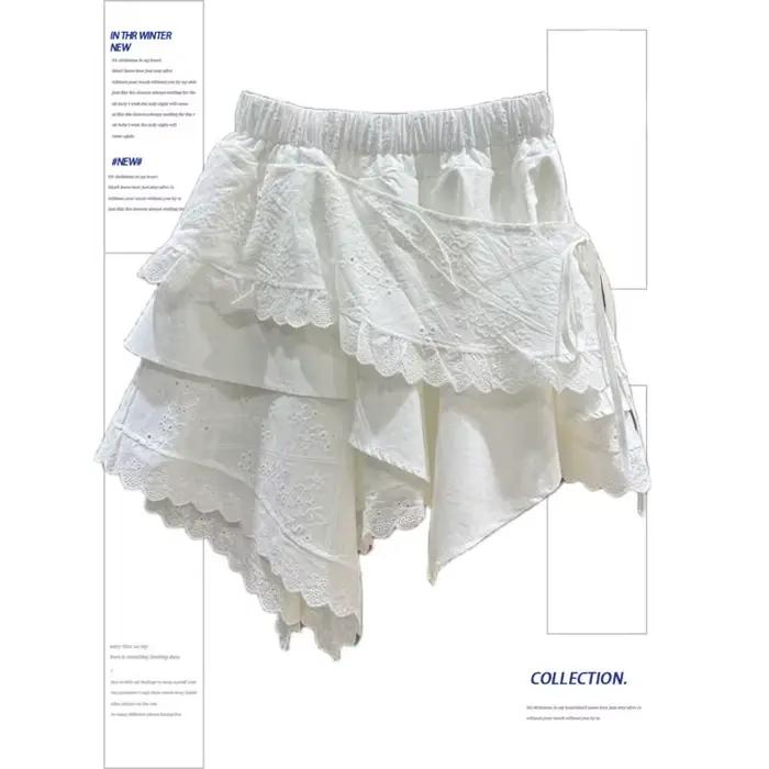 Été 2025 blanc asymétrique dentelle jupe femmes décontracté doux taille haute a-ligne Mini