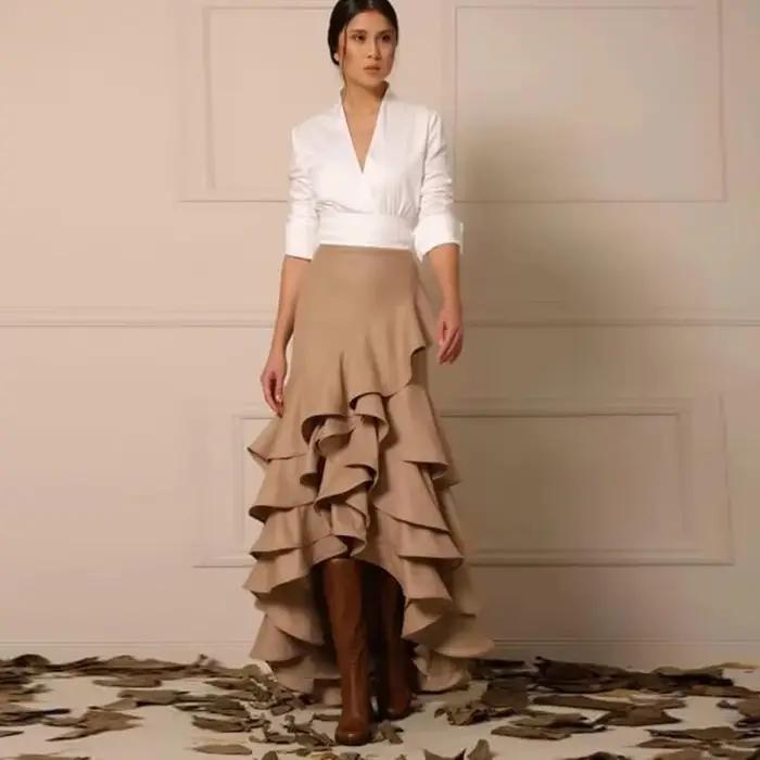 Élégance femmes jupes kaki couches sur mesure jupes de fête longue jupe femme longueur de plancher sirène Maxi jupe fermeture à glissière