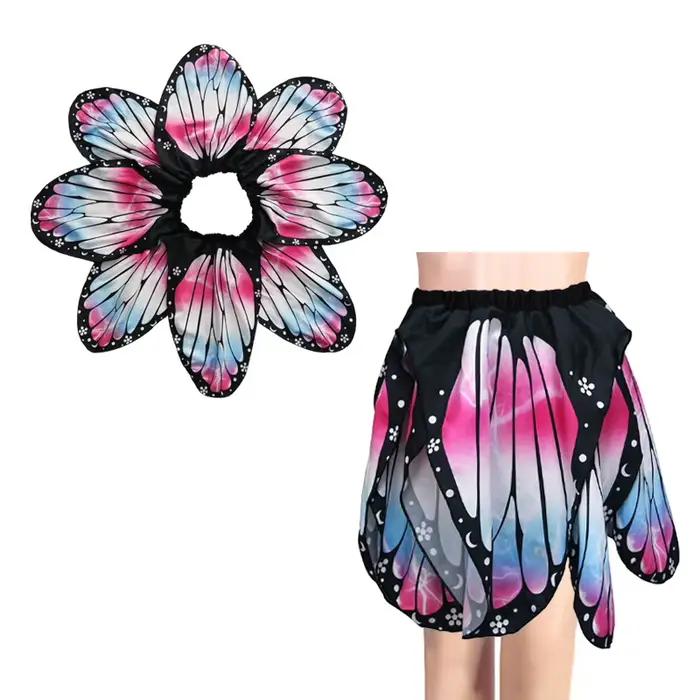 Jupe plissée irrégulière taille haute fantaisie à imprimé papillon et pétales pour femme