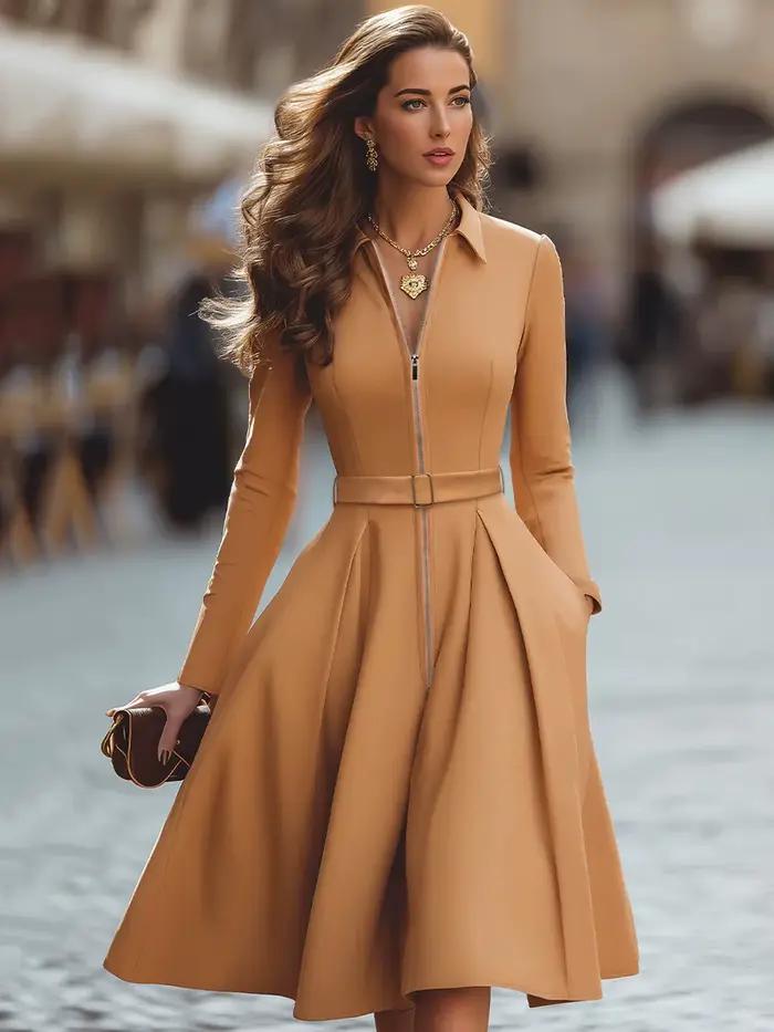 Robe midi pour femme, col chemise