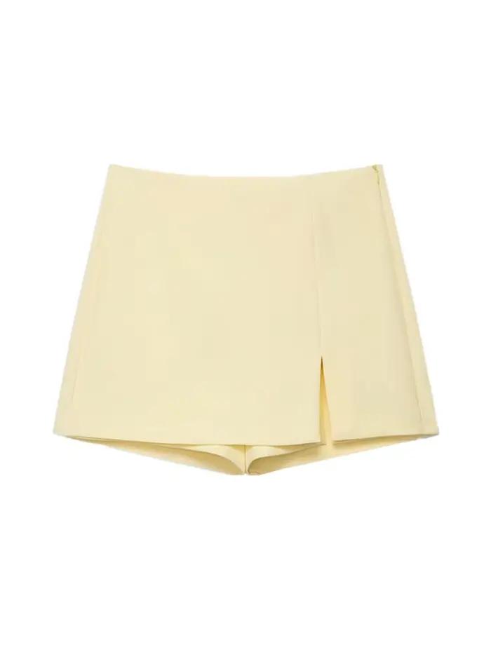Jupe-short taille haute pour femme avec fente avant et fermeture éclair latérale, polyester tissé, disponible en plusieurs couleurs et tailles pour toutes les saisons