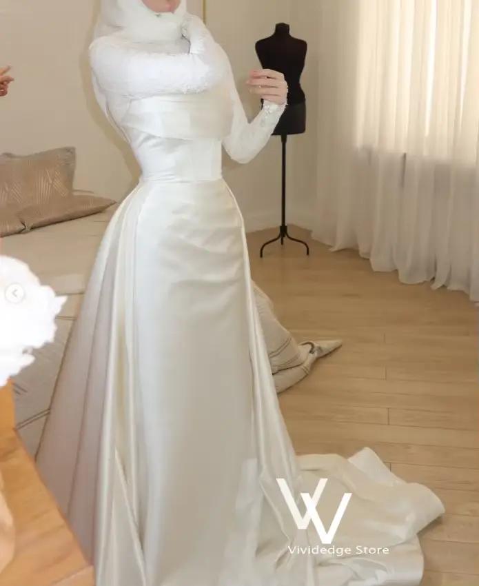 Robes de mariée musulmanes en satin blanc, dentelle, manches longues, traîne, corset, style arabe, robe de mariée personnalisée