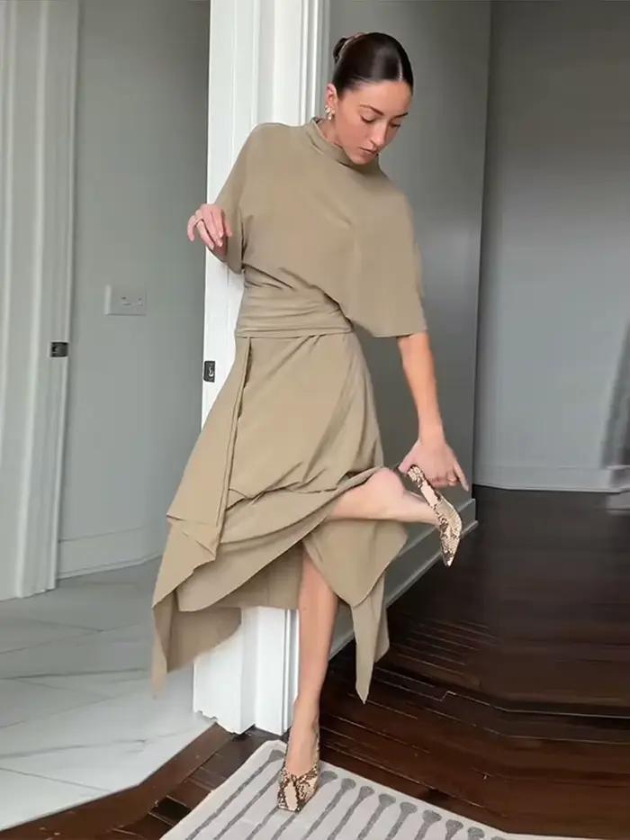 Ensemble élégant chemise asymétrique et jupe pour femme – Chemises unies à manches courtes col rond et jupes longues taille haute – Collection été 2026 tendance
