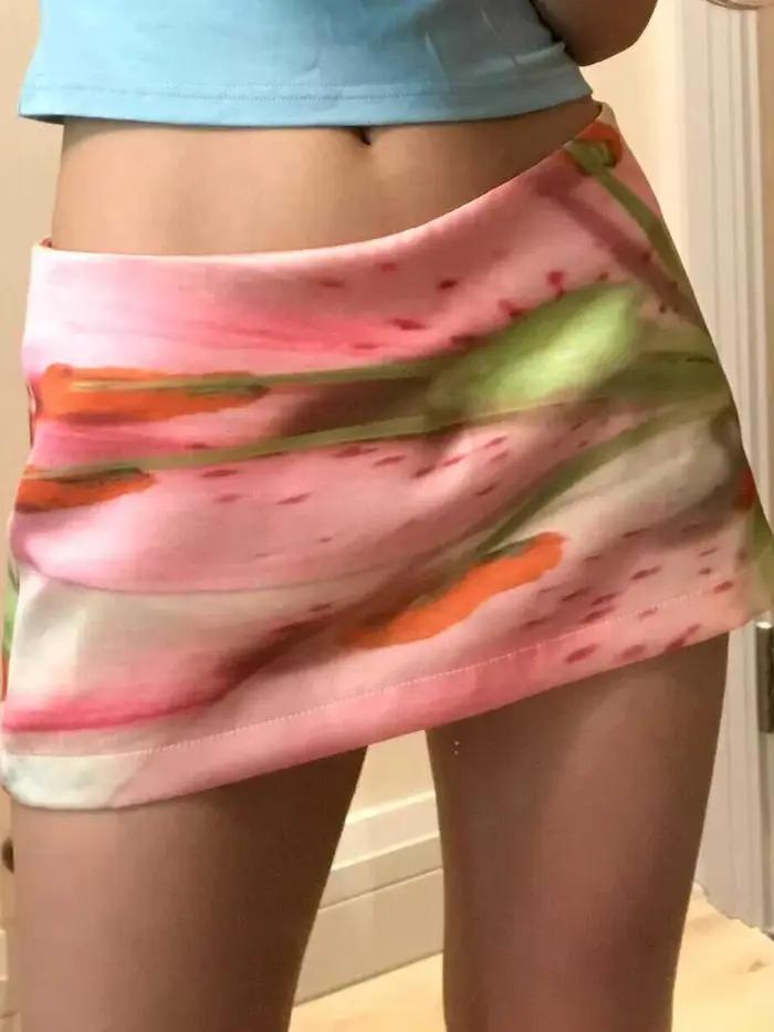 Jupe mini trapèze esthétique Y2K imprimée rose haute couture pour jeunes femmes style streetwear Harajuku grunge été 2024