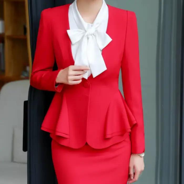 Ensemble jupe courte élégante pour femme, tenue professionnelle à manches longues pour entretien, vêtement de travail formel OL, robe de bureau en coton pour le trajet quotidien