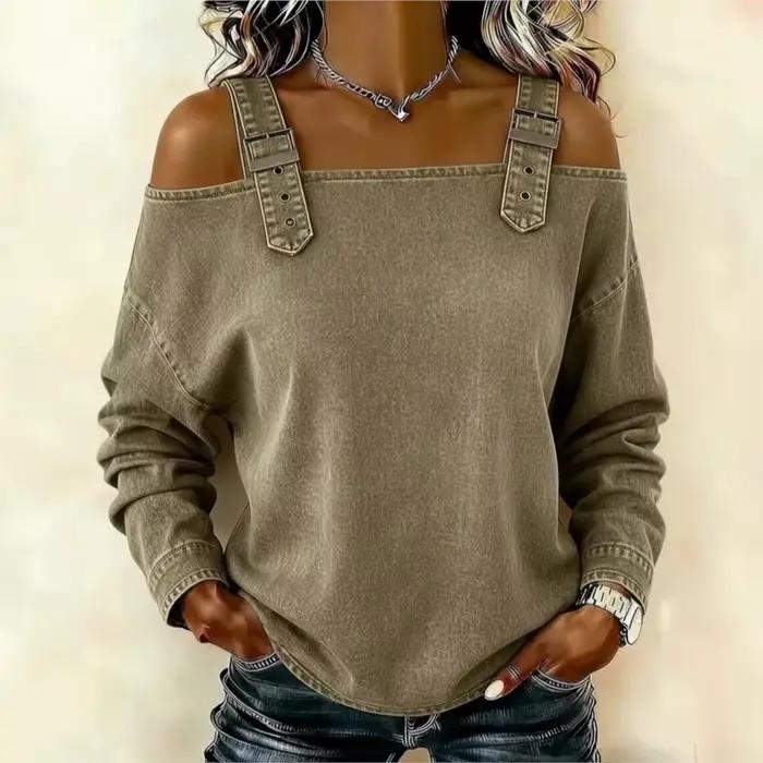 Haut en jean pour femme, élégant, à épaules dénudées, à manches longues avec bretelles, chemise en jean élégante et polyvalente, streetwear pour femme