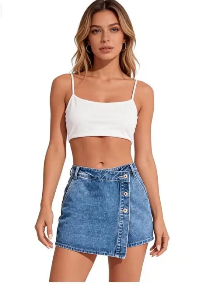 Jupe-short en jean taille haute pour femme avec détail boutonné asymétrique et ourlet effiloché – Tenue décontractée et tendance pour l'été