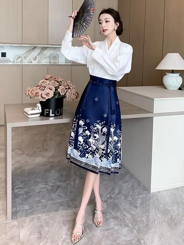Jupe visage de cheval améliorée de style chinois pour femmes, jupes Hanfu Piedmont, tenues de rue pour dames, nouveau, printemps et été, 2024