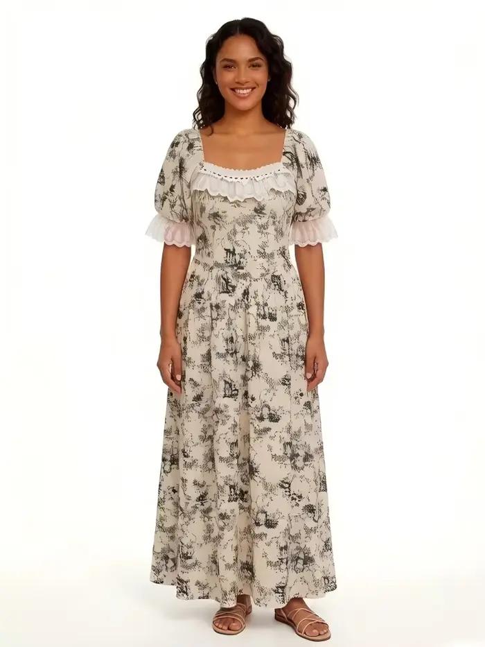Robe longue vintage imprimé Toile de Jouy pour femme