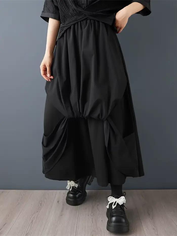Jupe longue décontractée noire vintage à taille haute avec empiècements plissés pour femme, grande taille, nouvelle collection printemps-été-automne 2026