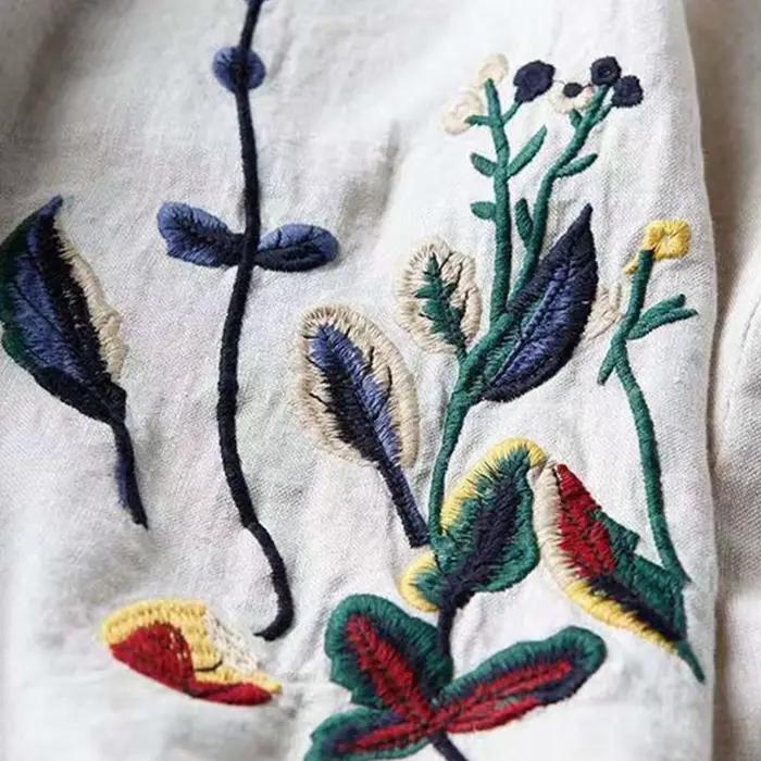 Jupe mi-longue évasée vintage en coton et lin brodée de fleurs pour femme