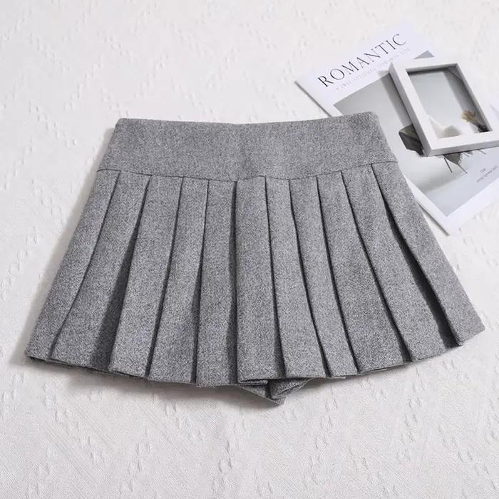 Jupe plissée en laine pour femme junior style préppy automne hiver minijupe taille basse fente latérale gris clair gris foncé noir