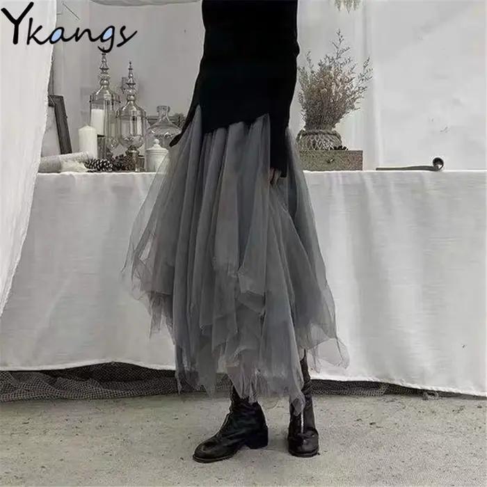 Jupes longues plissées irrégulières en tulle gris gothique