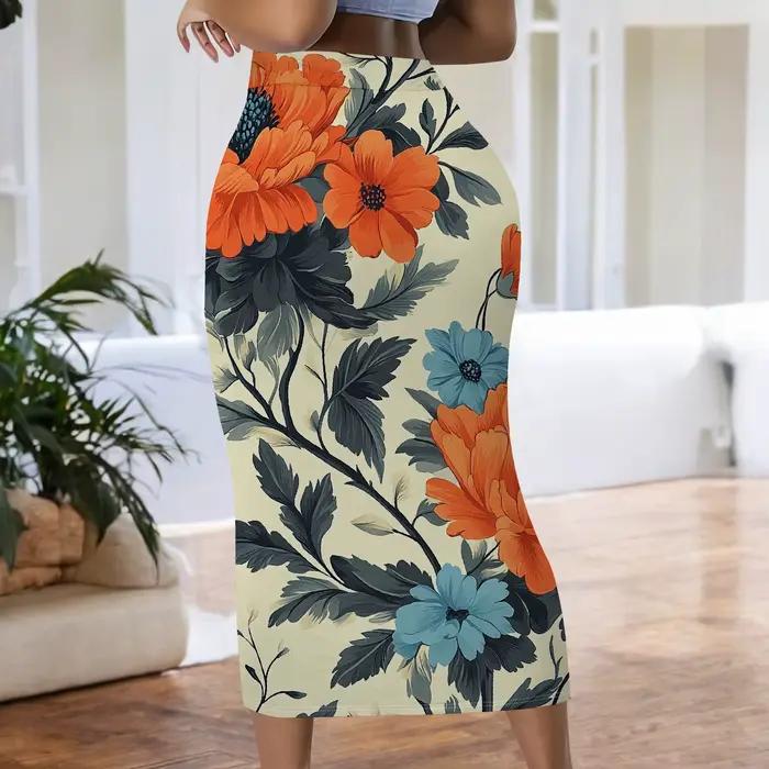 Jupe crayon florale, jupe midi imprimée orange et bleue, jupe moulante taille haute, tenue de bureau élégante, S-2XL