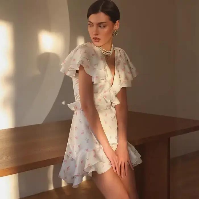 Robe Courte Chic à Imprimé Floral Français
