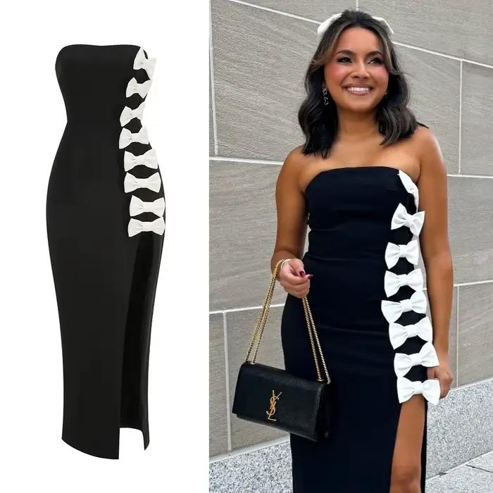 Robes de soirée chics noires sans bretelles avec détail de nœud blanc – Robe