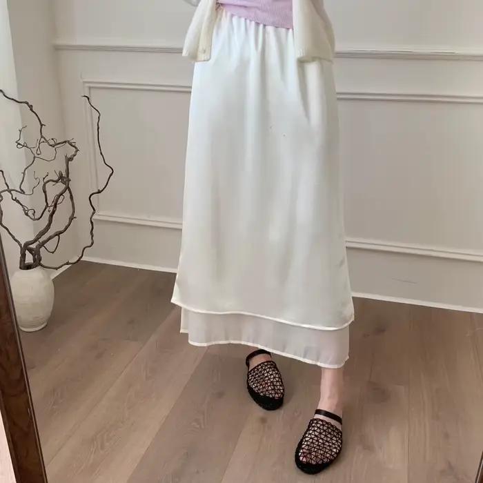Jupe longue mi-longue trapèze en mousseline de soie brillante pour femme