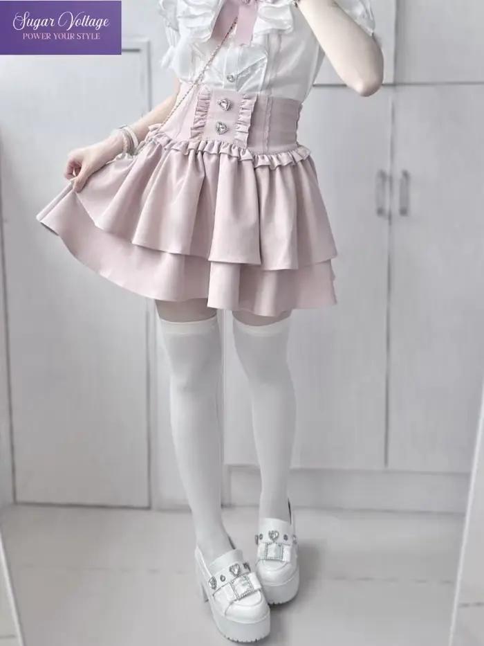 Japonais mignon doux Y2k Lolita gâteau jupe femmes taille haute strass Plaid à volants couches jupes Kawaii a-ligne Mini jupes polyester volants fantaisie occassions spéciales