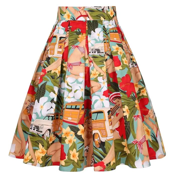 SISHION voiture et filles imprimé fleuri été jupe plissée avec nœud SS0012 taille haute Vintage coton femmes jupe avec poches