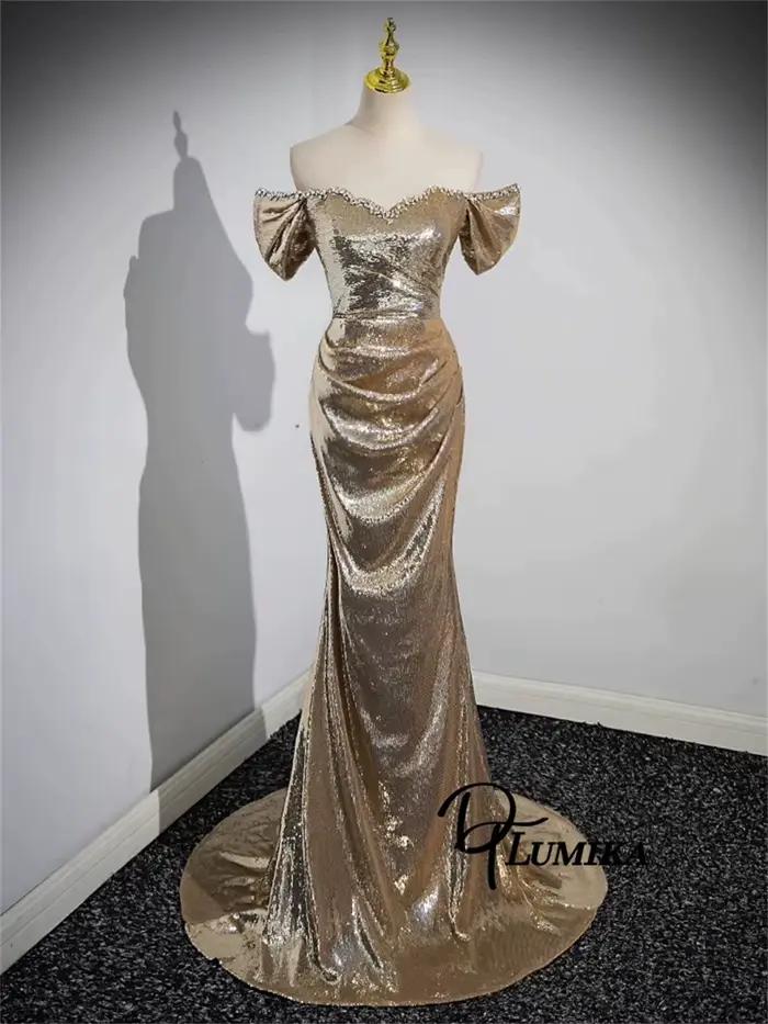DTLumika - Robe longue à paillettes dorées, manches épaules dénudées, col en cœur perlé, longue gaine, robe de bal, robes de soirée