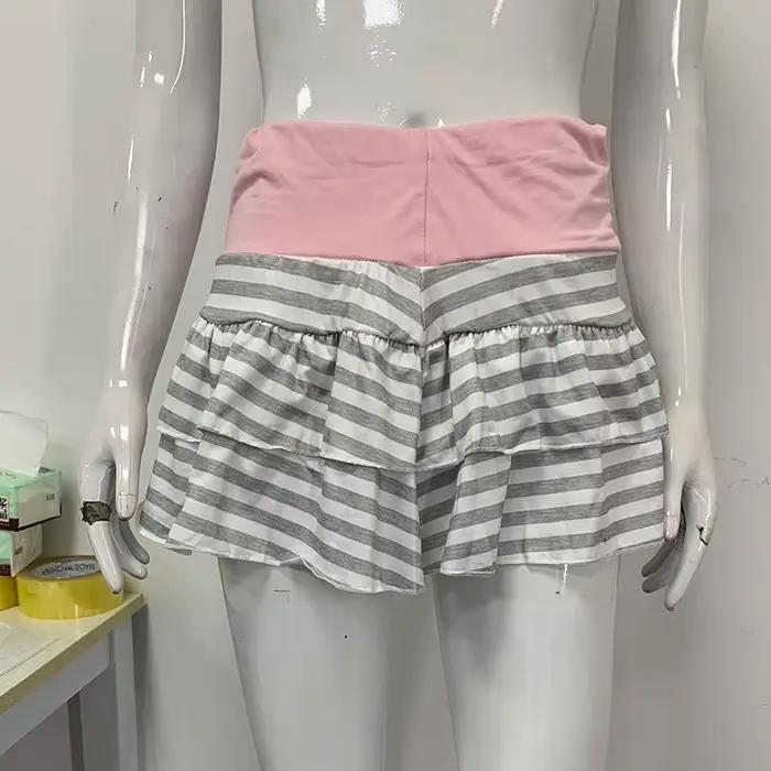 Jupe kawaii vintage pour filles haute couture en fibre de polyester et élasthanne imprimé rayé à manches courtes pour parties et sorties estivales