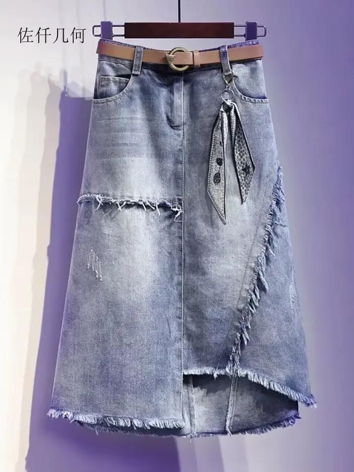 2025 nouvelles femmes jupe bleue longues jupes en jean Style coréen mode trou jupes surdimensionnées pour femme