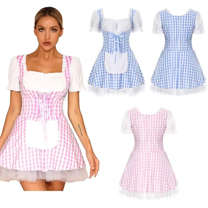 Robe vichy bleue pour femmes, imprimé écossais, manches courtes, en Tulle, conte de fées, Halloween, Costume de Cosplay, robes de fête de carnaval