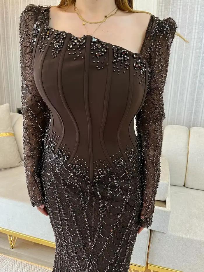 Robes de bal longues à manches longues marron, dentelle et perles, Arabie Saoudite, Dubaï, robe de soirée, robe de soirée du Moyen-Orient, sur mesure