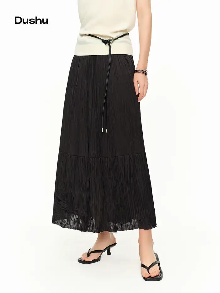 DUSHU 2026 Nouvelle jupe plissée mi-longue évasée pour femme, jupe fluide en mousseline à volants taille haute pour un style coquette et luxe discret