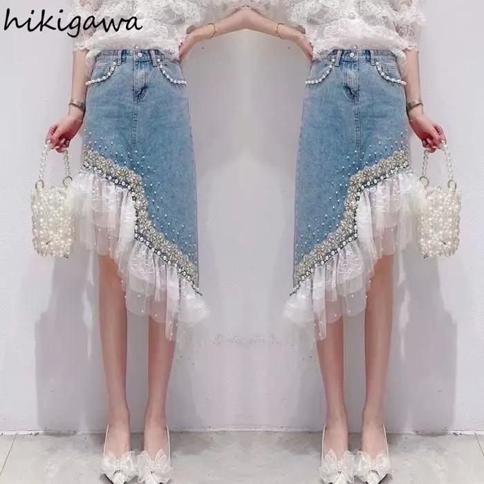 Jupe en jean femmes Patchwork dentelle douce