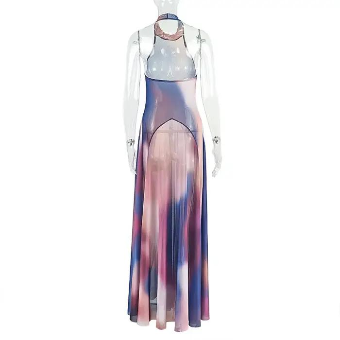 Robe longue trapèze plissée à imprimé dégradé pour femme, dos nu, sans manches, avec ceinture, sexy