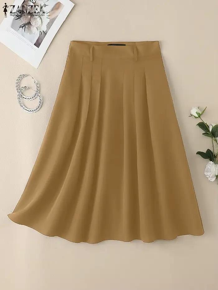 ZANZEA été solide Jupe Midi femmes élégantes taille haute travail OL Jupes mode a-ligne