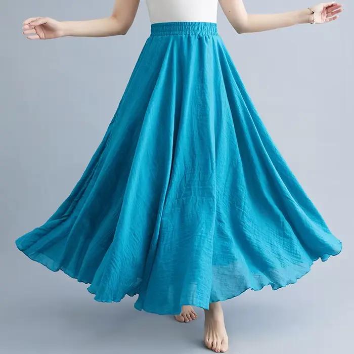 Jupe longue de plage en coton et lin pour femme style bohème vintage décontractée couleur unie ligne A taille haute longueur piste de danse maxi nouvelle collection printemps été