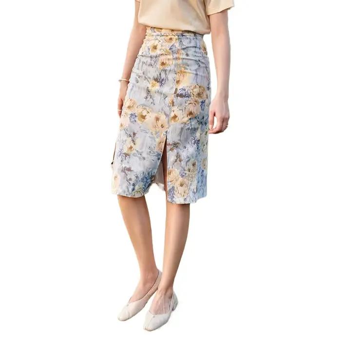 Jupe en mousseline florale OLrain pour femme, taille haute, coupe droite, fente latérale, ajustée aux hanches, idéale pour le travail, collection été 2026 O21XB52256