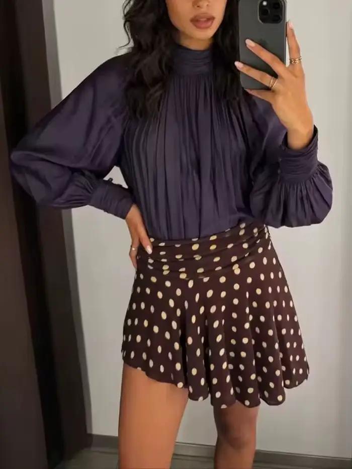 Jupe plissée asymétrique marron élégante à pois pour femme