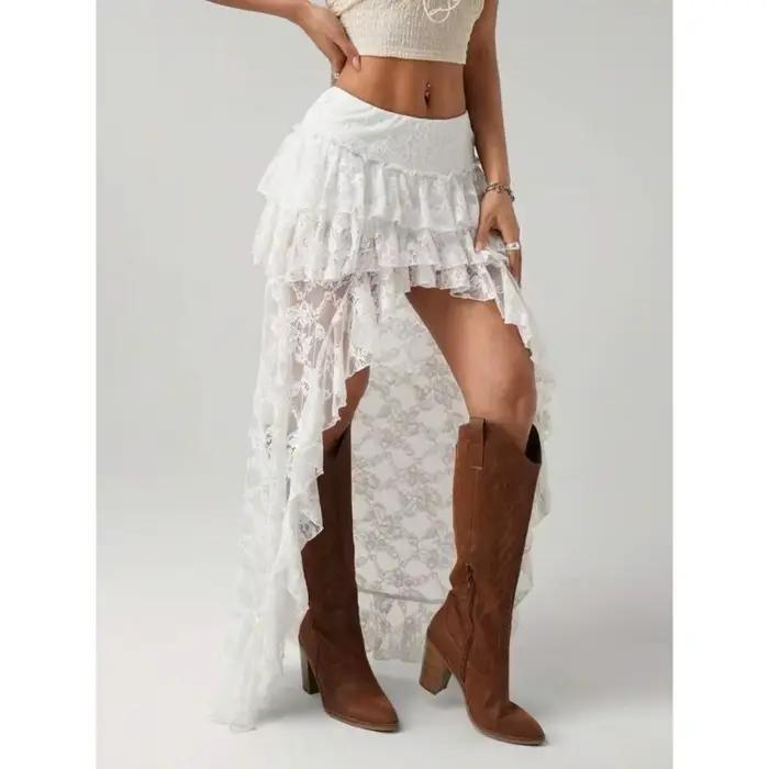Deeptown Y2k jupe asymétrique femmes Boho dentelle Tulle Vintage jupe noire Style coréen voir à travers jupes superposées Streetwear