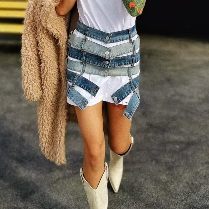 TWOTWurea YLE-Mini jupe asymétrique pour femme, vêtement sexy, taille haute, grande taille, patchwork, à la mode, 2024