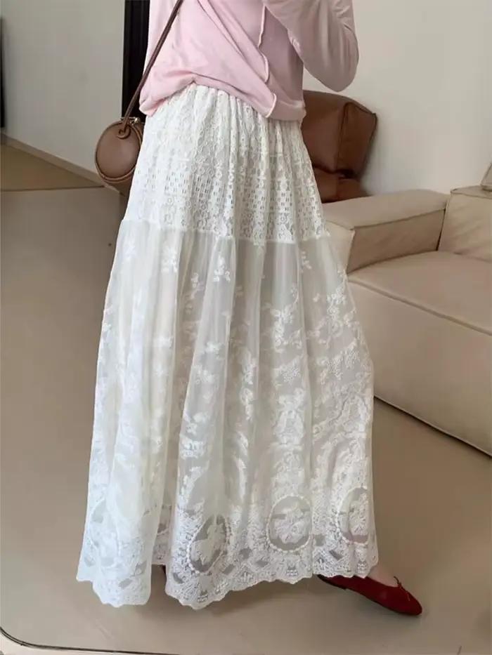 Jupe longue en dentelle blanche EOENKKY pour femmes, style bohème coréen, printemps été, polyester, silhouette une ligne, taille haute, légèrement extensible, entretien facile, idéale pour diverses occasions