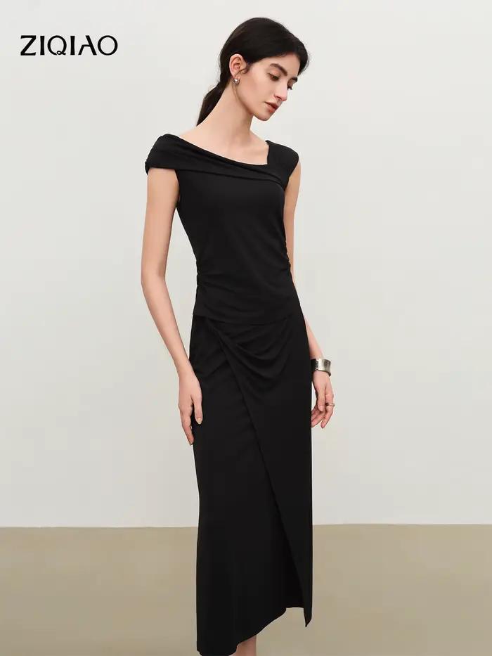 ZIQIAO Ensemble jupe et haut en maille à col roulé