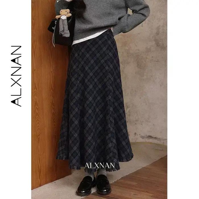 ALXNAN gris jupe à carreaux taille haute longue a-ligne à carreaux queue de poisson jupe automne décontracté bureau dame élégante gland jupes L57318