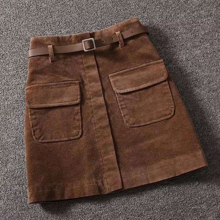 Velluto côtelé taille haute tout-match solide Vintage a-ligne jupe automne hiver poche Patchwork décontracté demi-jupe mode femmes vêtements
