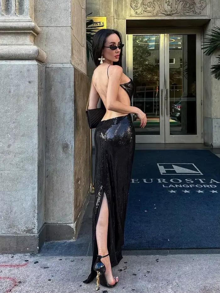 Robe longue noire sexy à paillettes dos nu profond décolleté plongeant pour soirées de club anniversaires DJ femmes sans manches polyester