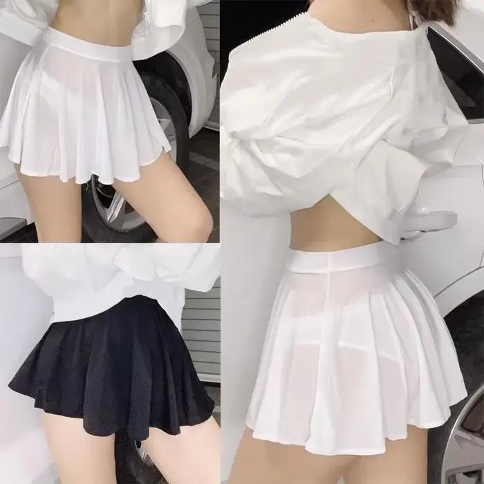 Filles mignonnes taille basse serré a-ligne pure Sexy jupe plissée noir blanc décontracté Transparent Mini jupes courtes pour les femmes Streetwear