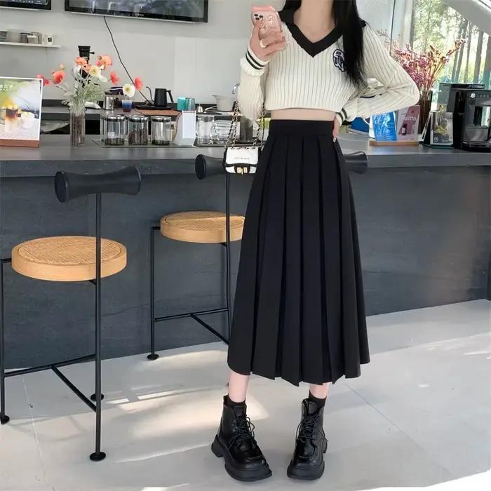 Jupe longue plissée noire de style coréen pour femmes