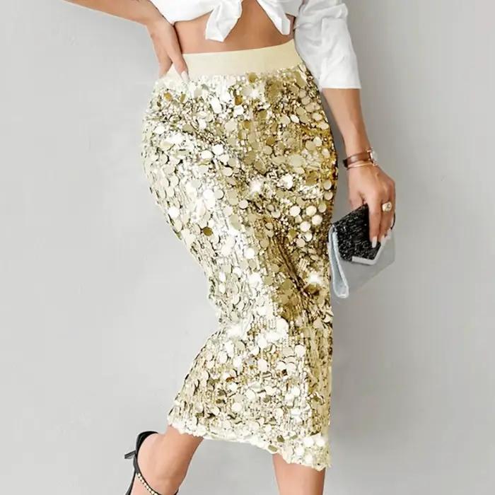 Jupe Sexy à paillettes, taille haute, moulante aux hanches, à la mode, couleur unie, élégante, mi-longue, jupes à paillettes