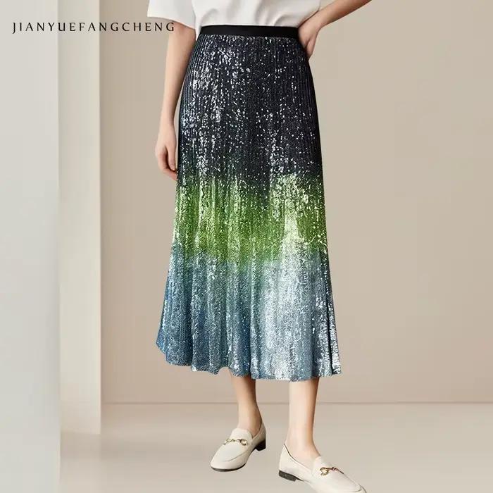 Jupe longue de luxe pailletée pour femmes, polyester, mi-mollet, silhouette une ligne, printemps été, élégante et décontractée, idéale pour soirées et journées de travail