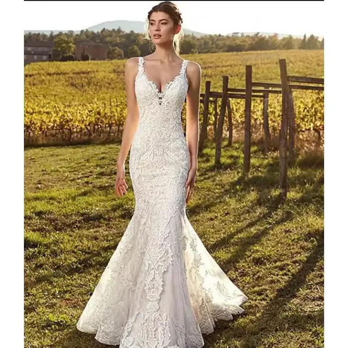 Robe de mariée sirène sexy à col en V et fines bretelles, style français amincissant et élégant, avec effet de transparence, personnalisable