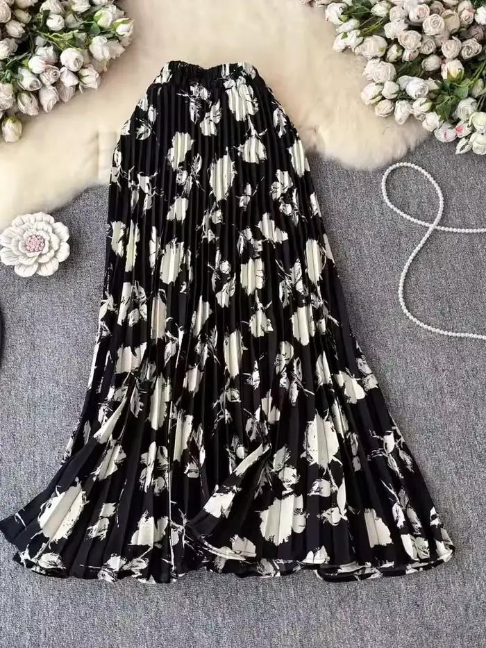 Jupes plissées en mousseline de soie pour femmes, imprimé floral, mode Vintage, couleur trapèze, vêtements de transport assortis avec tout, printemps été
